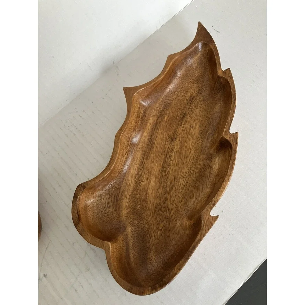 3 VTG Monkey Pod Hawaiian  Wood Serving Dishs Carved Bowl Leaf  Boho Pheasant‎